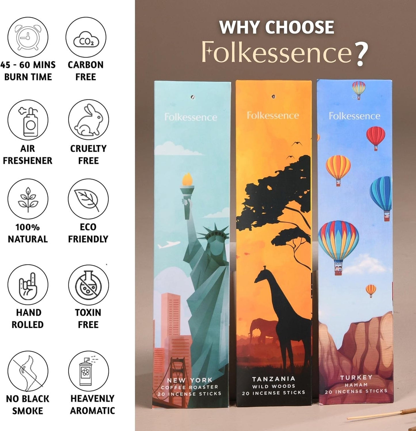 Folkulture Incense Sticks (240 Sticks) | Set of 12 Premium Incense Sticks Variety Pack Aromatherapy Gifts | No Charcoal, Organic, Non Toxic, 45 Mins, Long Burning Vanilla, Caramel, Rose Insence-Sticks
