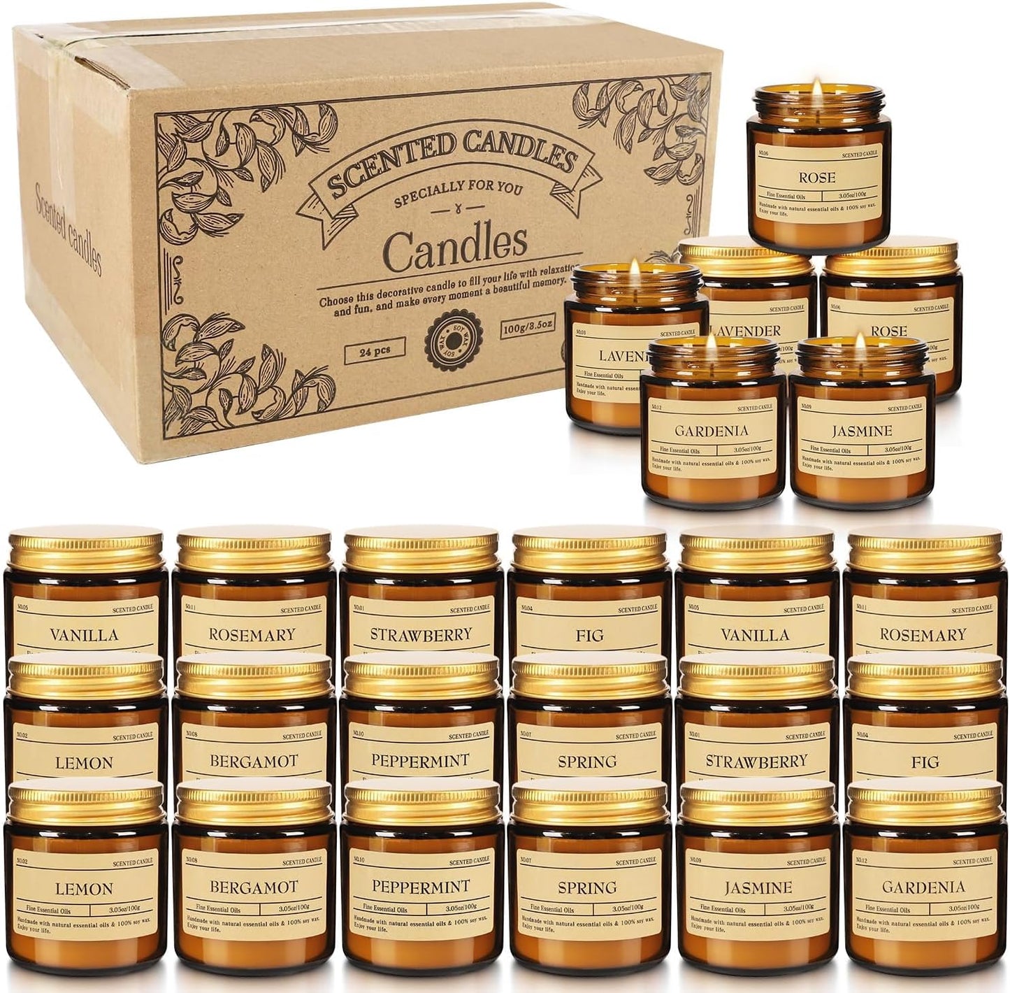Scented Candle Set 24 Pack (3.05oz Each) - Aromatherapy Candles with Essential Oils, Smokeless Soy Wax Candles in 12 Scents, Gift for Women/Mom, Valentine/Mother's Day/Christmas/Birthday