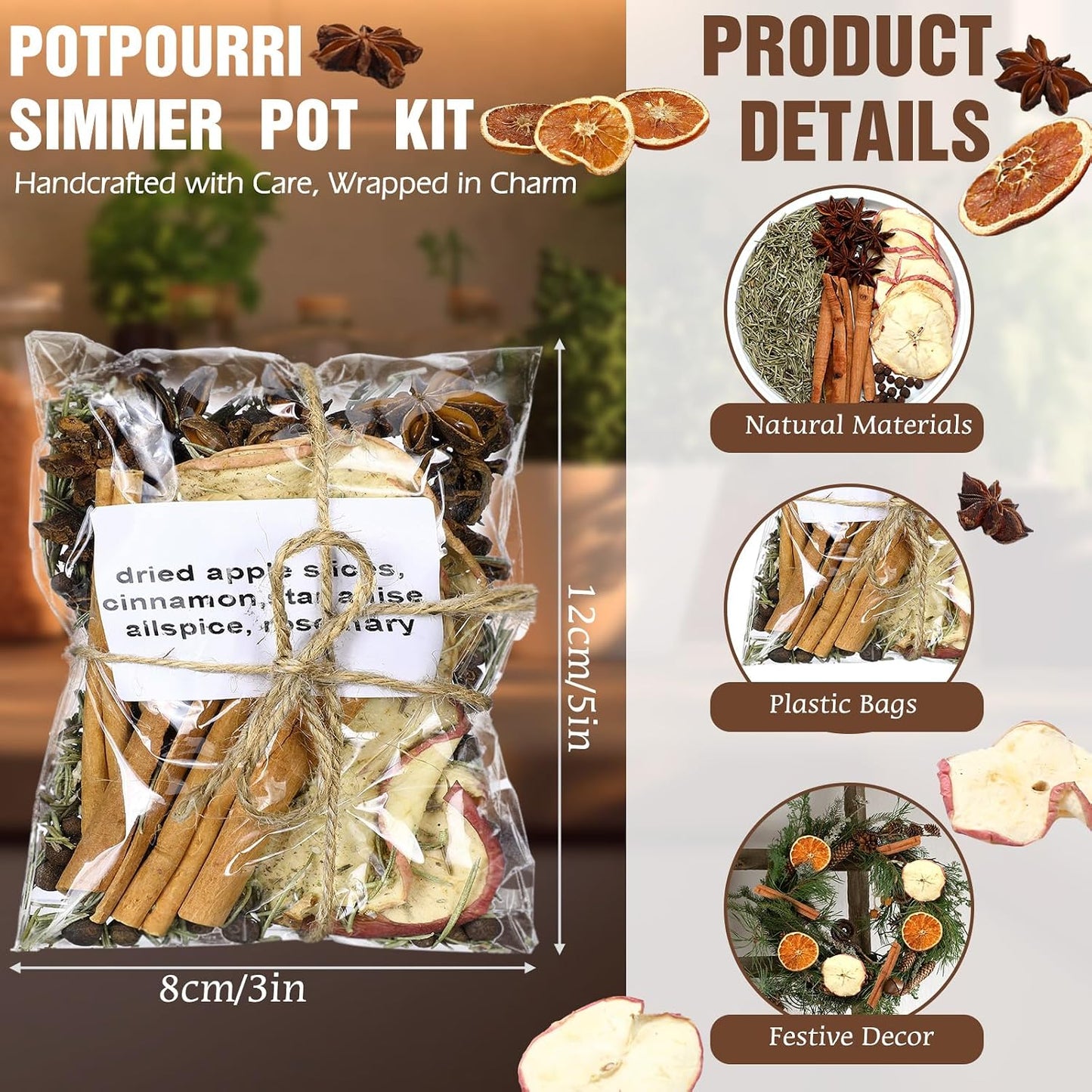 Siifert 8 Pcs Christmas Stovetop Potpourri Xmas Simmer Pot Kit Dried Orange Apple Piece Potpourri Bag Simmer Pot Room Air Freshener Sachet Botanical Bowl Filler Gift Xmas Holiday Decor (Classic)