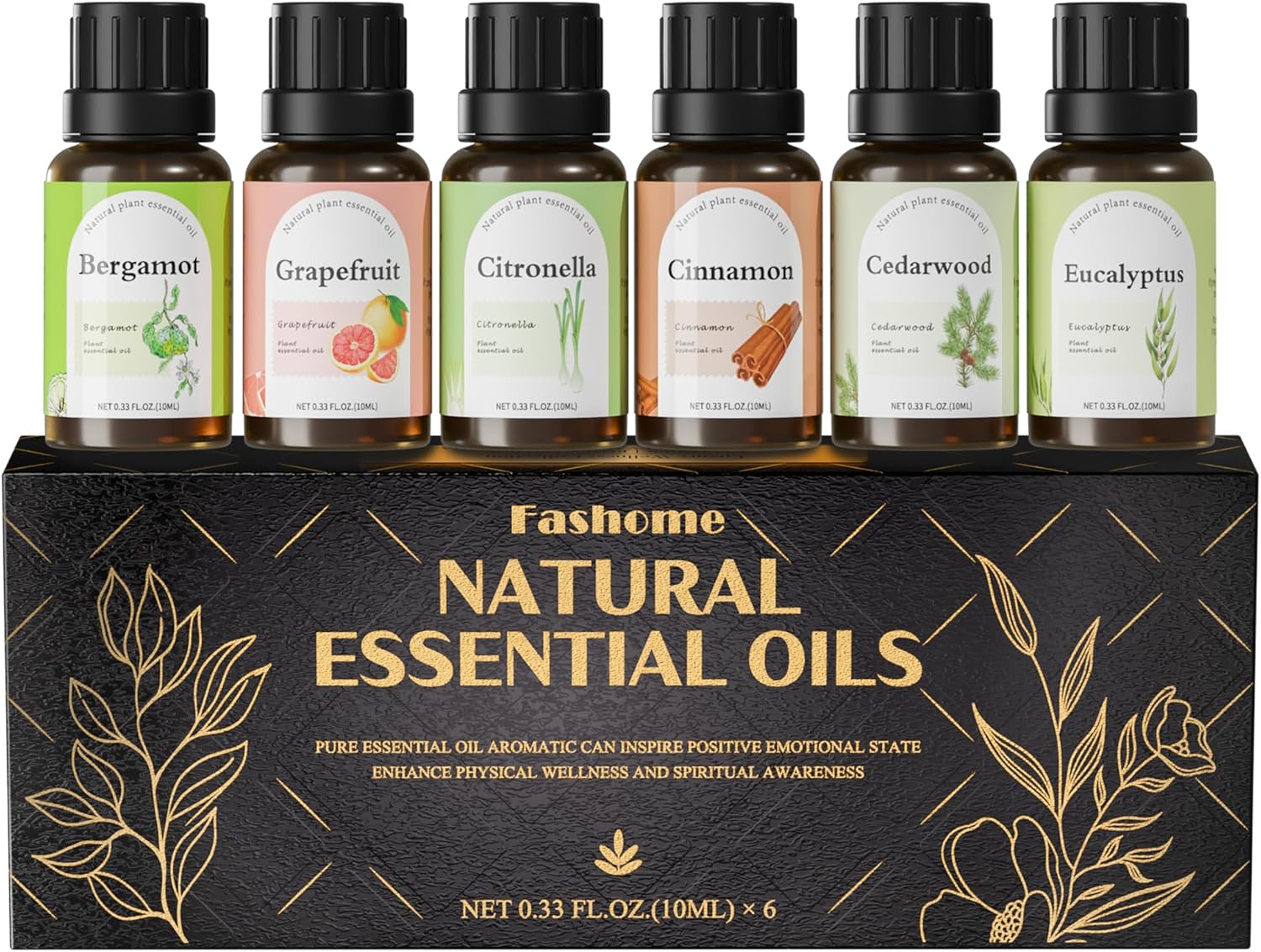 Fashome Grounding Woody & Earthy Essential Oil Blends for Diffuser & DIY - 6-Pack Plant-Based Scent Oils, Includes Cedarwood, Cinnamon, Citronella, Eucalyptus, Bergamot, Grapefruit - 10ml Each/60ml