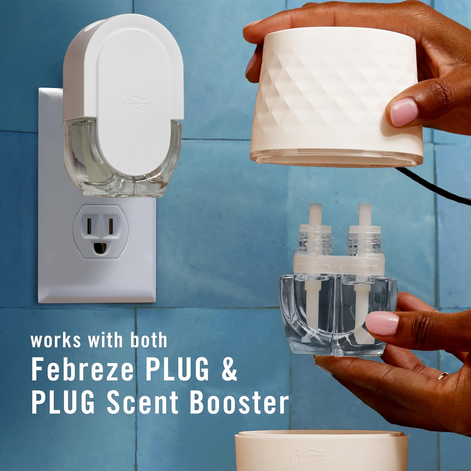 Febreze Plug Scent Booster Starter Kit, Oil Diffuser, Air Freshener Plug in, Continuous Scent Device + 2 Downy Calm Refills