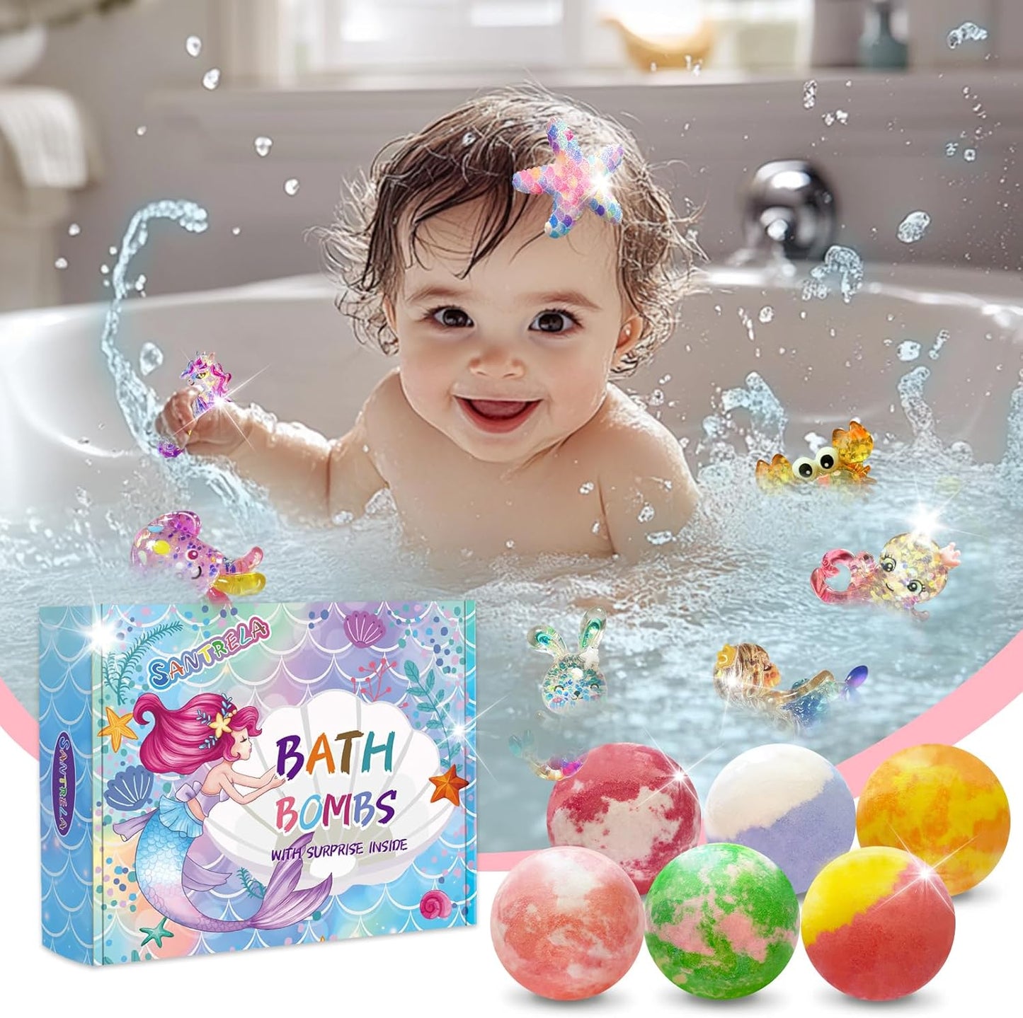Bath Bombs for Kids with Surprise Inside, 12pcs Kids Bath Bombs with Mermaid Toys Gift Set for Girls, Shea & Coco Butter Dry Skin Moisturize, Birthday Easter Gifts Spa Bath Ball with Bath Toy Fun
