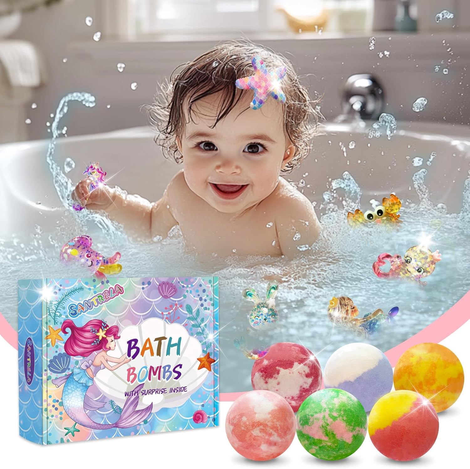 Bath Bombs for Kids with Surprise Inside, 12pcs Kids Bath Bombs with Mermaid Toys Gift Set for Girls, Shea & Coco Butter Dry Skin Moisturize, Birthday Easter Gifts Spa Bath Ball with Bath Toy Fun