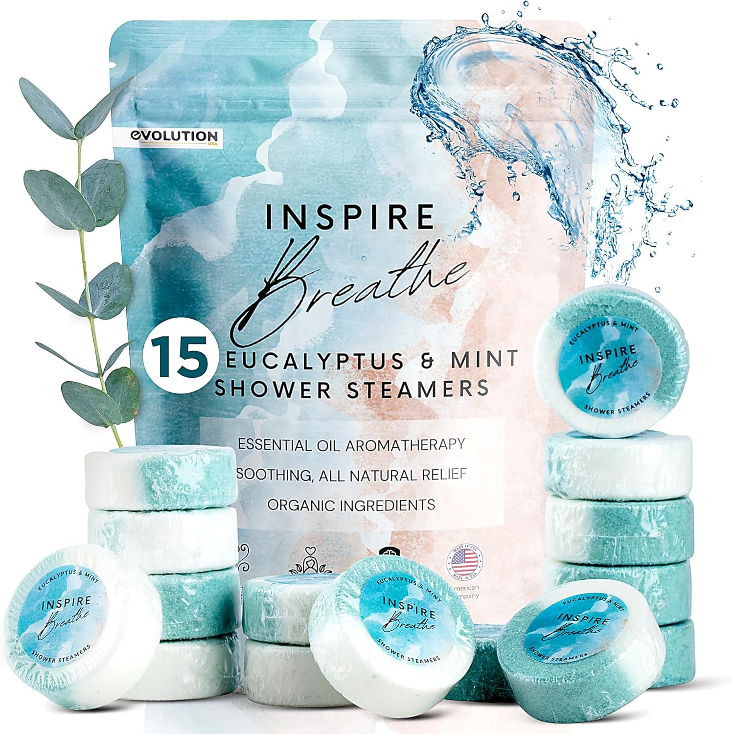 EvolutionUSA Inspire Breathe Shower Steamers – 15 Mint & Eucalyptus Shower Steamers for Women & Men, Vapor Shower Tablets, Self Care Shower Bombs, Luxury Gift for Christmas or Birthday, Spa Gift