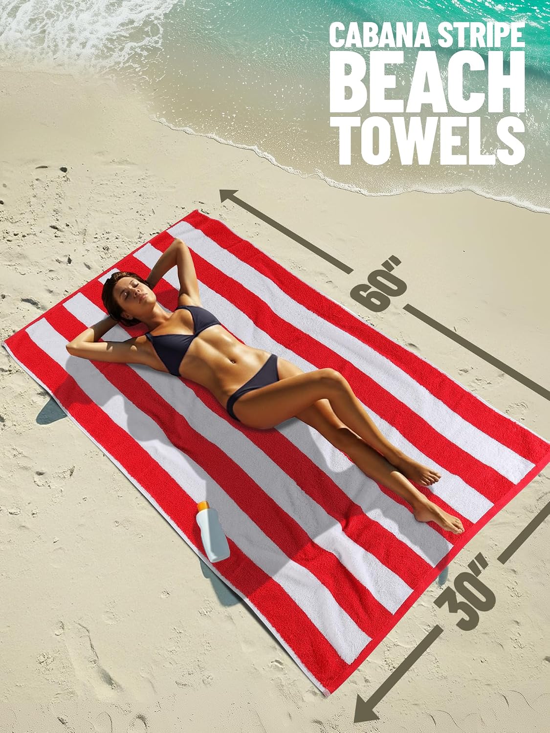 Utopia Towels Pack of 4 Cabana Beach Towels, Oversized 30 x 60 Inches Cotton Beach Towel Set, Smooth Ring Spun Texture for Pool and Swim Days, Modern Striped Design Bath Towels