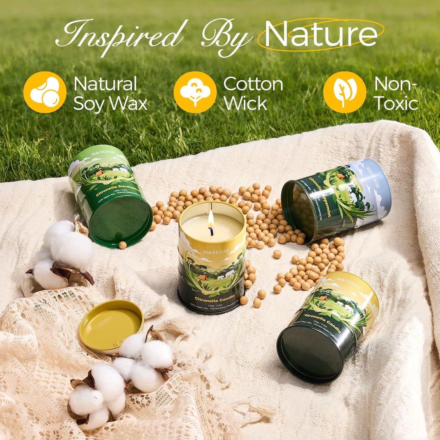 M&SENSE Citronella Candles Outdoor–80 Hour Burn, 4 * 3.5oz Natural Non-Toxic Soy Wax, Outdoor & Indoor Use for Patio, Camping, Home