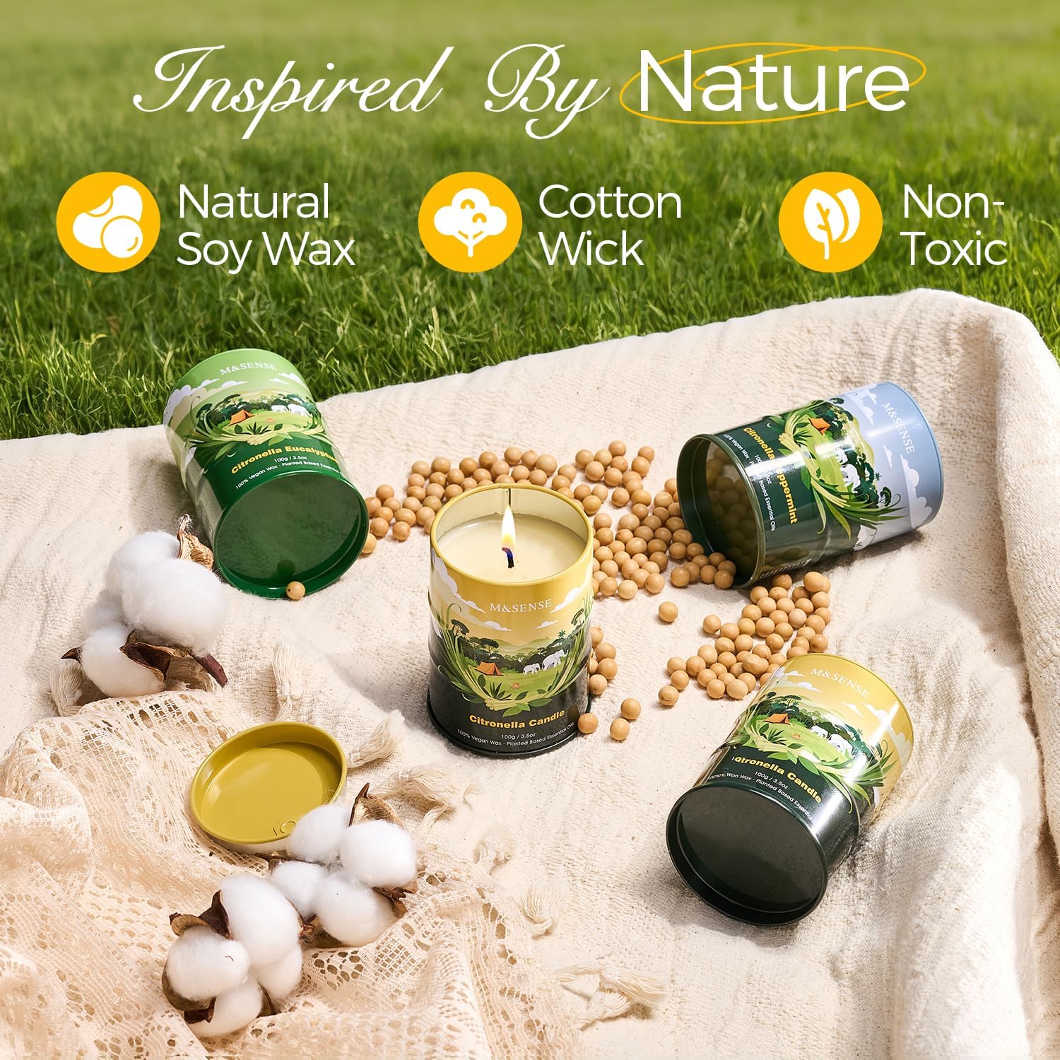 M&SENSE Citronella Candles Outdoor–80 Hour Burn, 4 * 3.5oz Natural Non-Toxic Soy Wax, Outdoor & Indoor Use for Patio, Camping, Home