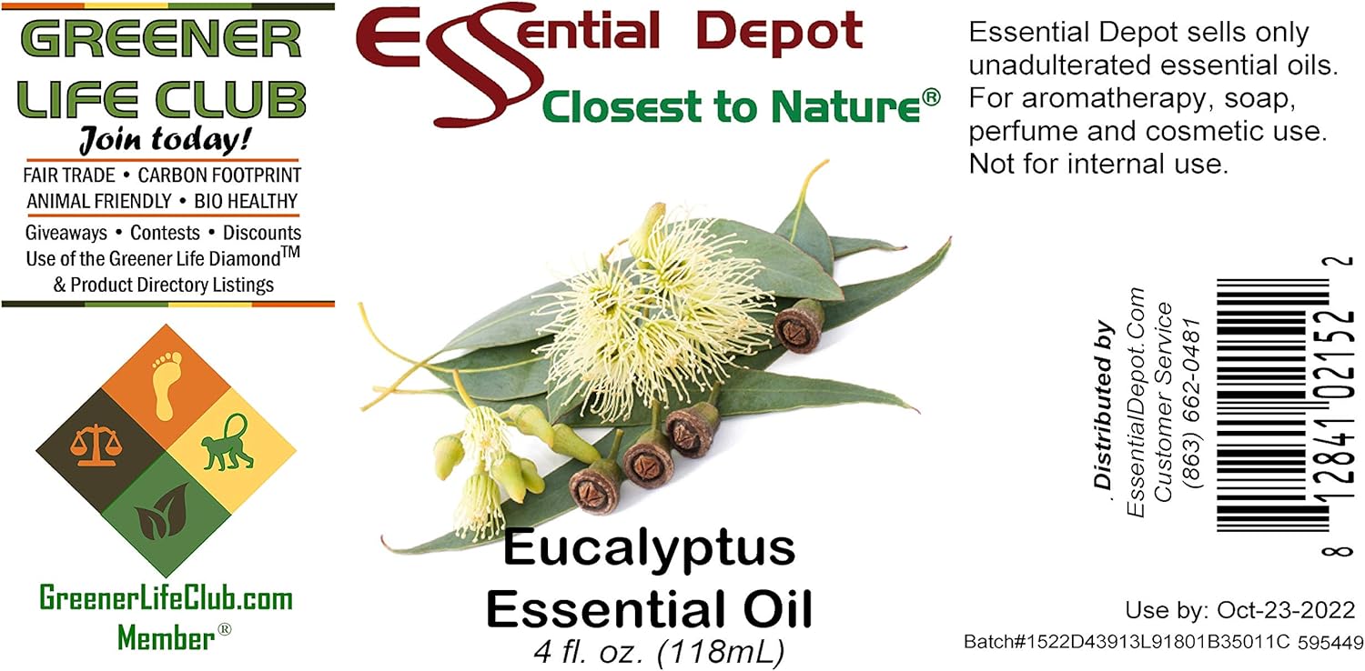 Essential Depot Eucalyptus Essential Oil - GC/MS Tested - Supplied in 4 oz. Amber Glass Bottle with Black Phenolic Cone Lined and Safety Sealed Cap