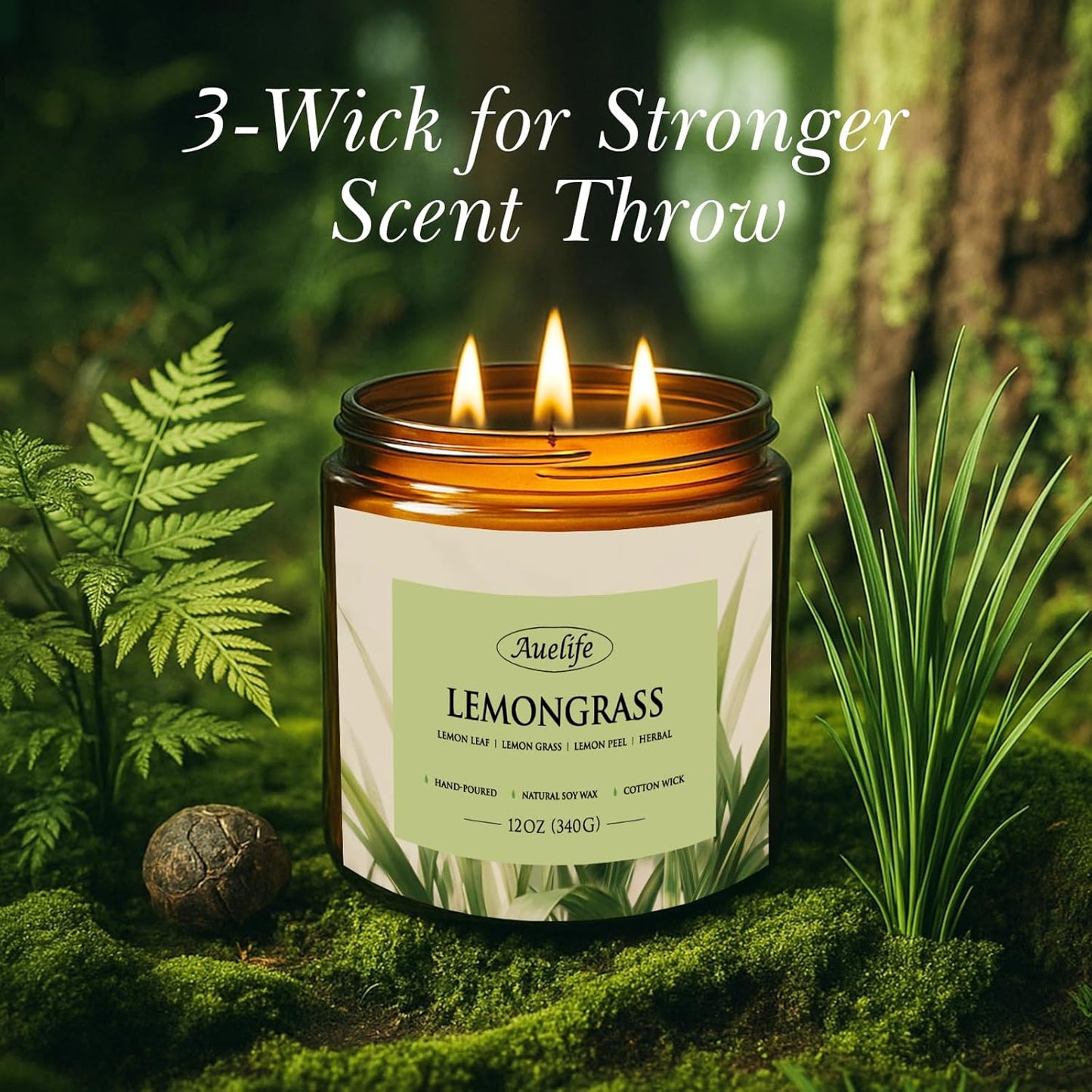 Lemongrass Scented Candle | 3-Wick Jar Candle - 12oz Natural Soy Wax - Citronella Scent for Indoor Outdoor Use, Long Lasting Aromatherapy Gifts for Fathers Day, Summer, 50+ Hour Burn