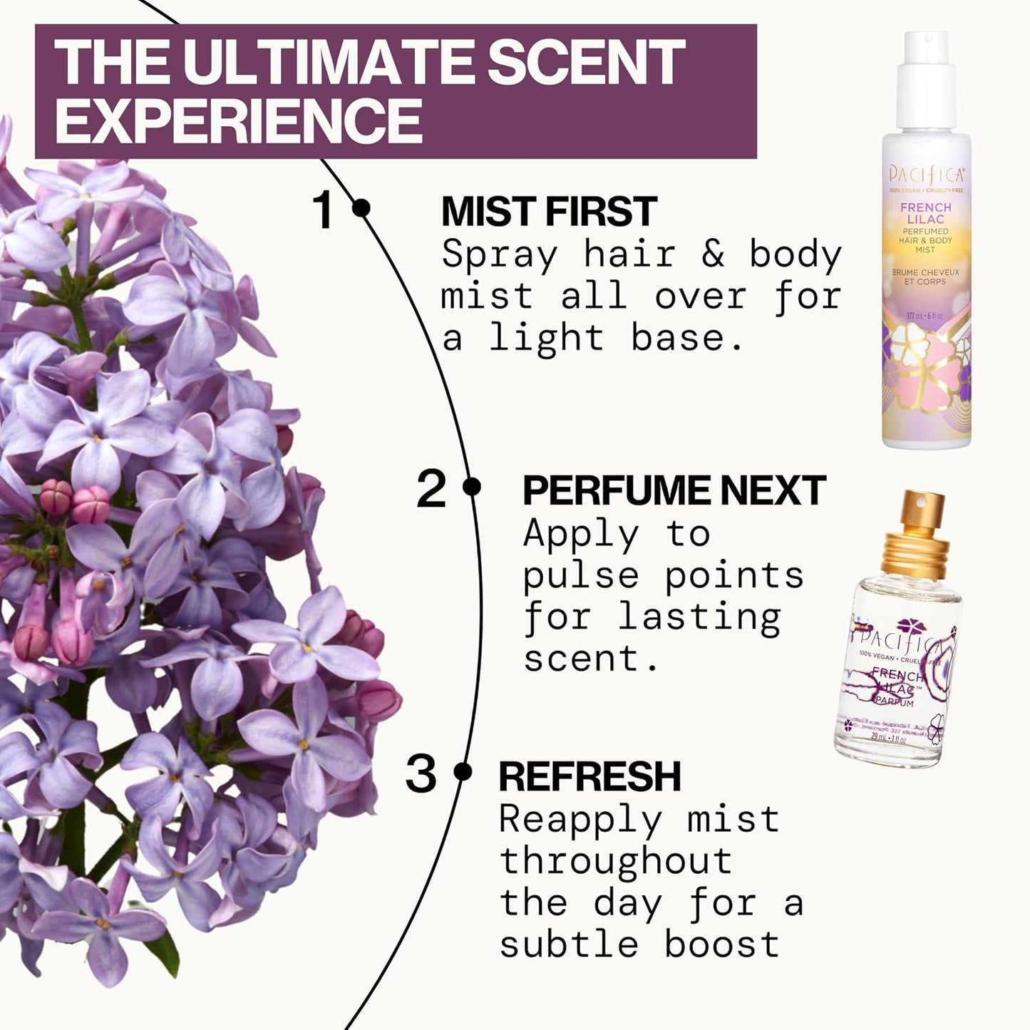 Pacifica French Lilac Hair & Body Mist – Clean Vegan Floral Hair Perfume Spray for Women, Fresh-Cut Lilac, Magnolia & Heliotrope Notes, Alcohol-Free Head-to-Toe Fragrance, Cruelty-Free, 6 Fl Oz