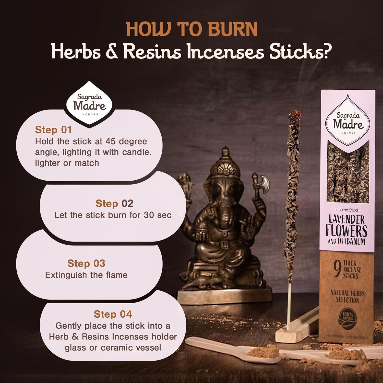 Sagrada Madre 9 pcs Wildly Harvested - Lavender Flowers and Olibanum Incense Sticks, 7" Long - Thick Aromatic Incense Sticks, 100% Natural