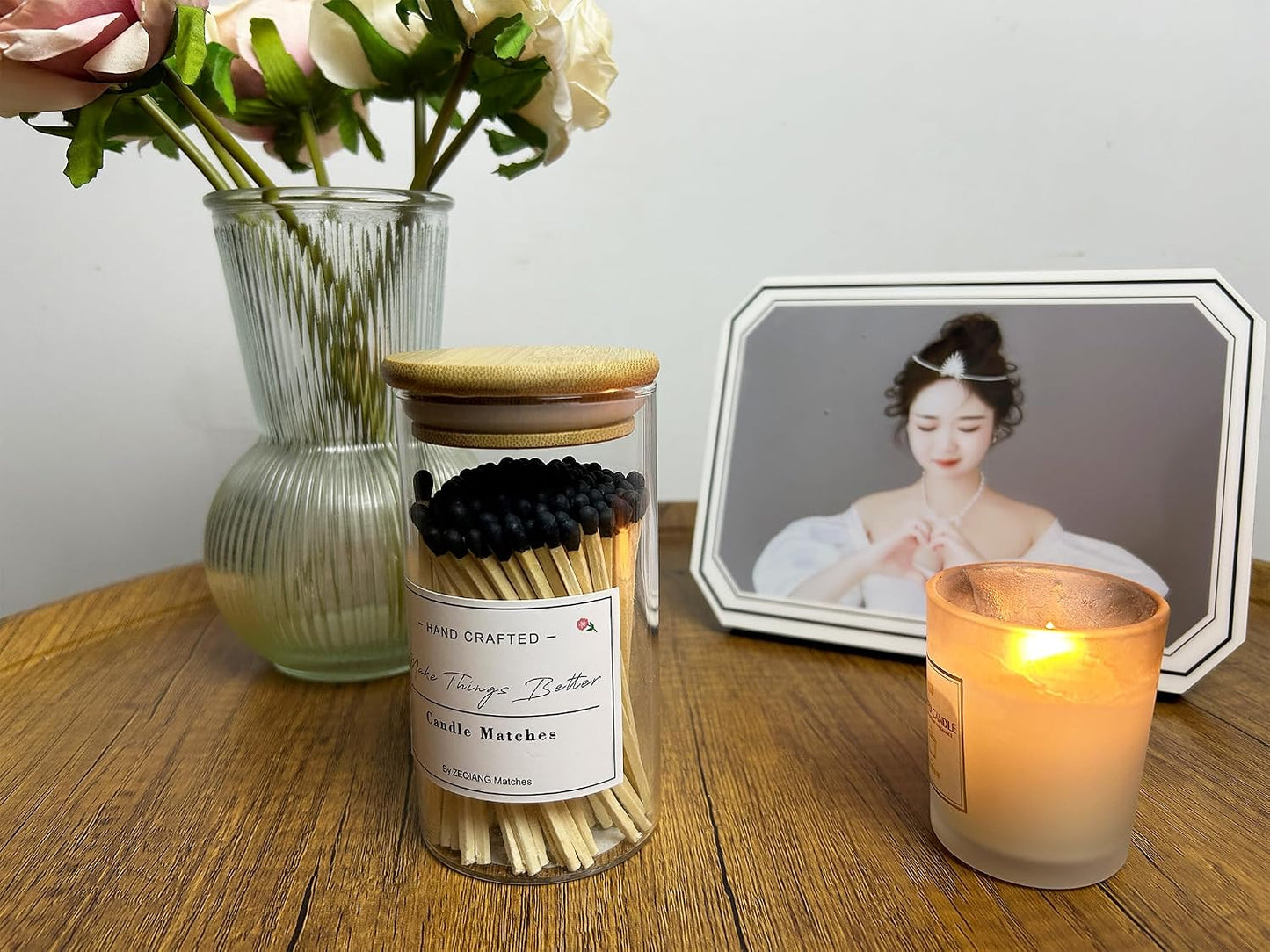 Black Matches Included (150Pcs), Glass Match Holder with Striker, Glass Match Cloche with Striker, Match Bottle with Candles Matches, 3'' Wooden Safety Matches for Candles BBQ Grill Fireplace