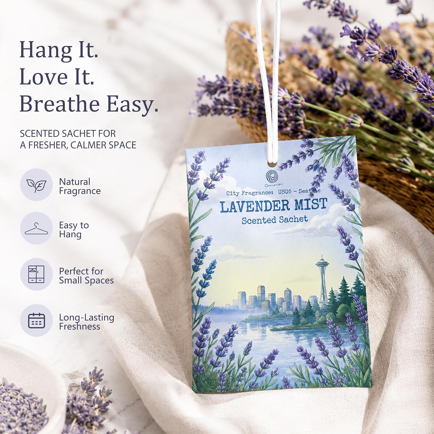 US05-Seattle Lavender Mist Sachets for Drawers, Closets & Cars, 12 Pack | Car Air Freshener sachets with Seattle Lavender Mist scent. Freshens closets, drawers, cars and small spaces.