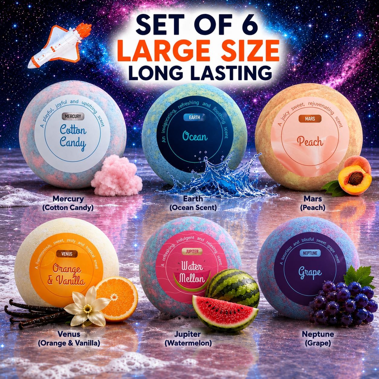 EvolutionUSA 6 Space Bath Bombs for Boys & Girls - Planet Bath Bombs Toy Inside, Organic Childrens Bathbomb Set, Cosmic Bath Fizzers, Kid Bath Bomb Gift for Valentines, Birthday, Christmas, Easter