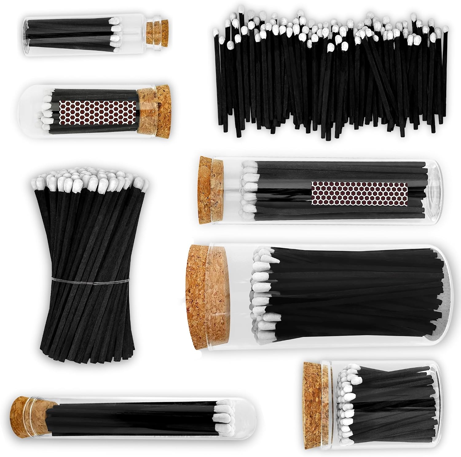 2" Tuxedo Matches with Mini 3 Cloche Jar + Striker Stickers Included | 100 Black Stick White Tip Decorative Matches with Small Holder | Gifts, Home Decor, & Candle Accessories by Thankful Greetings
