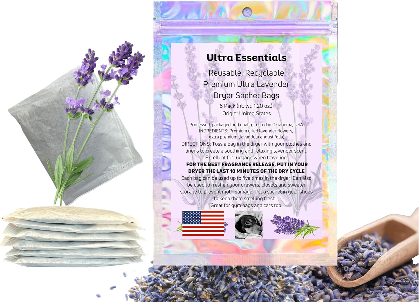 Lavender Dryer Sachets, Premium Extra Flowers, Lavender Scented Sachets for Drawers and Closets, Natural Air Freshener Bags, Odor Eliminator for Closet, Car, Shoes, Gym Bag, Suitcase, Luggage (6 Pack)
