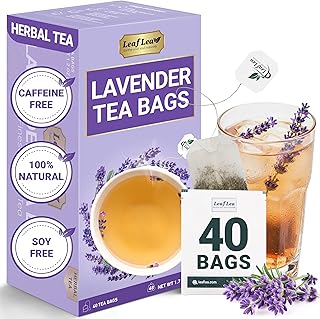 LeafLea Lavender Tea Bags, Pure Lavender Flower Herbal Tea, 40 Count | Just Real Lavender, Nothing Else, Soft Floral Aroma, Caffeine-Free, A Calming Cup Before Bed, Individually Foil-Wrapped