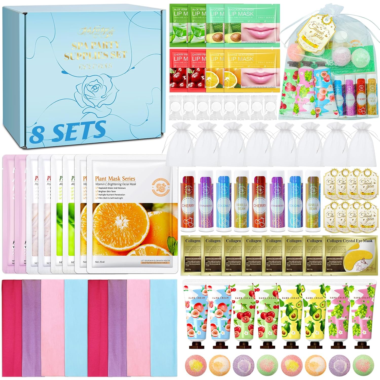 80PCS Spa Birthday Party Supplies, Include Face Masks, Lip Balm, Hand Cream, Under Eye Patches, Lip Mask, Foot Bath Bombs,Headband,Sleepover Spa Party Supplies Kit for Women Girls Gift Skincare Set