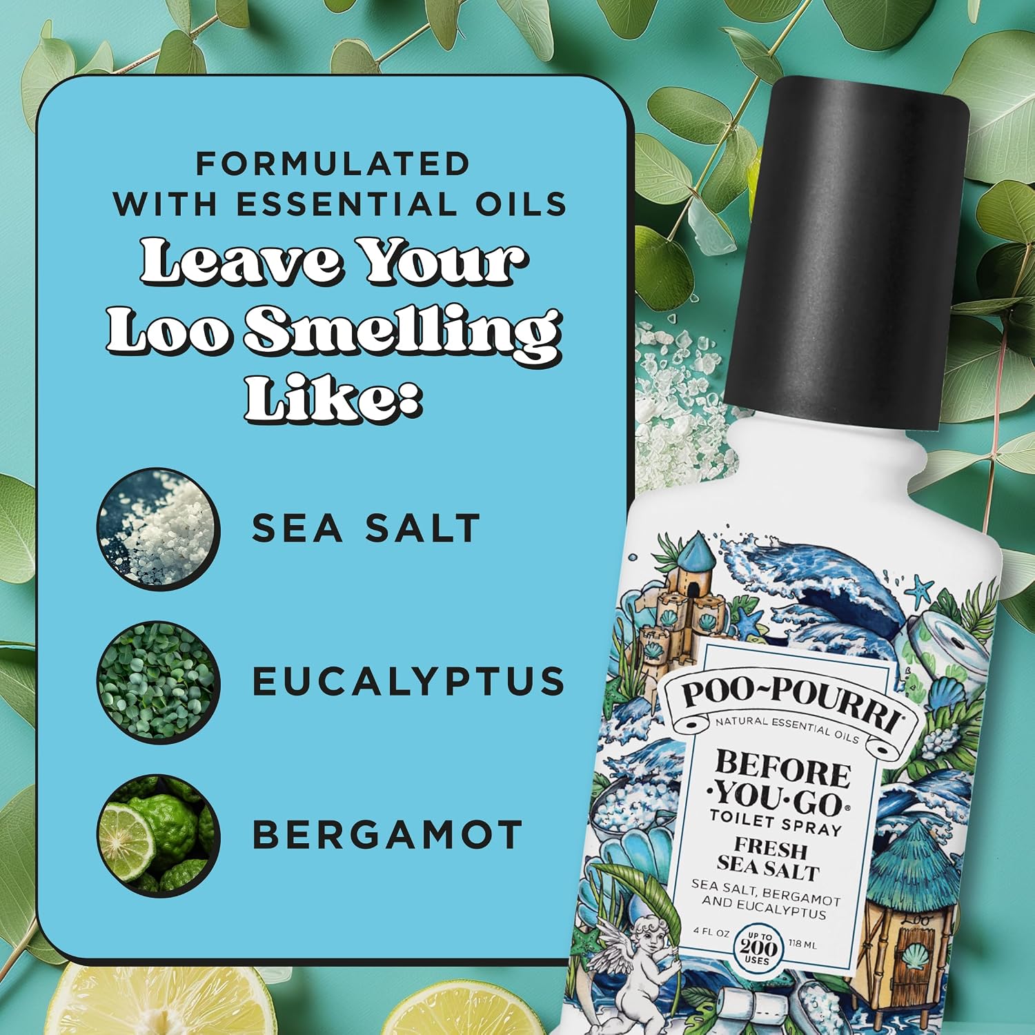 Poo-Pourri Before-You-Go Toilet Spray, Fresh Sea Salt, 4 Fl Oz, Up to 200 Uses, Bathroom Odor Deodorizer, Plant-Based with Essential Oils, for Home or Work, Sea Salt, Bergamot & Eucalyptus Scent