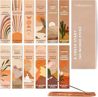Folkulture Incense Sticks (240Sticks) | Pack of 12 Premium Incense for Graduation Gifts Yoga Meditation, Aromatherapy | Organic, Non Toxic, 45 Mins, Long Burning Palo Santo, Sandalwood, Insence-Sticks