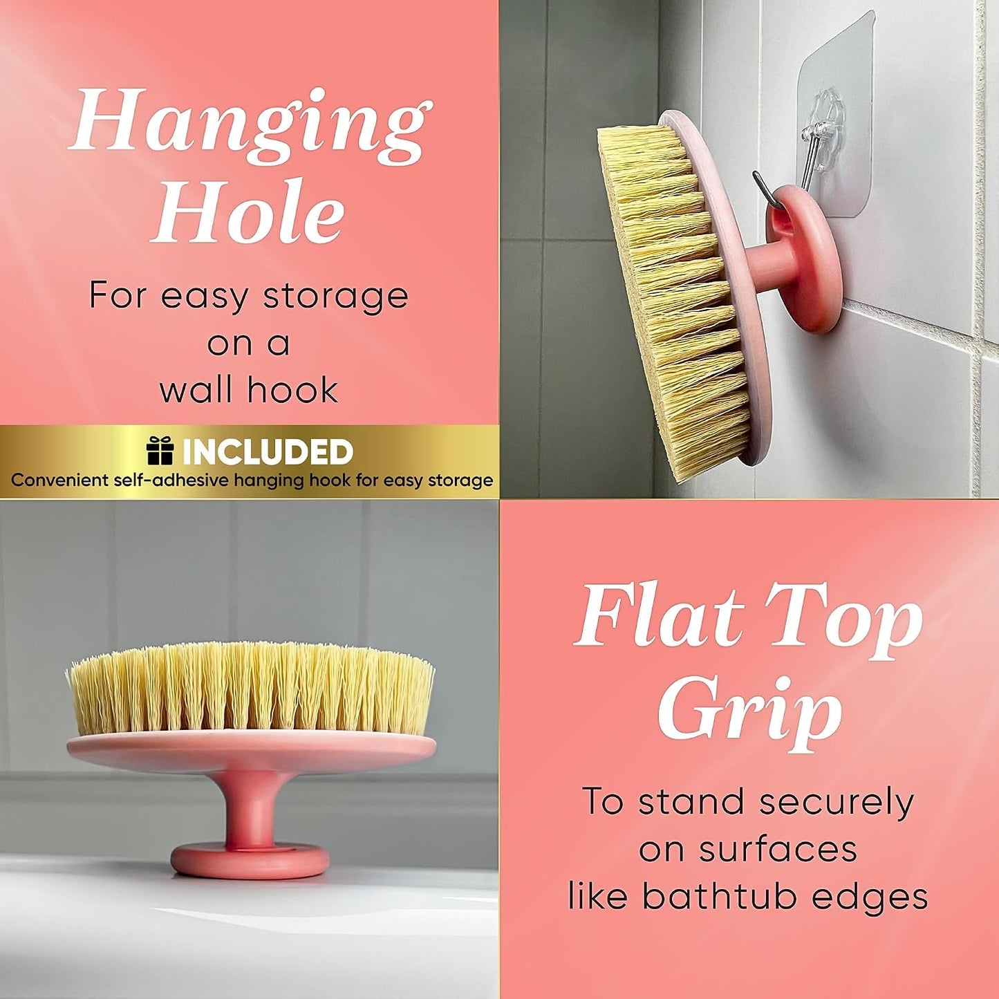 GOLDEZLUX® Dry Body Brush Cruelty-Free Firm Bristles Exfoliate Promote Smooth Skin, Dry Brushing Stimulate Blood Flow, Lymphatic Drainage, Prevent Ingrown Hair - Large Size & Comfortable Grip (Pink)