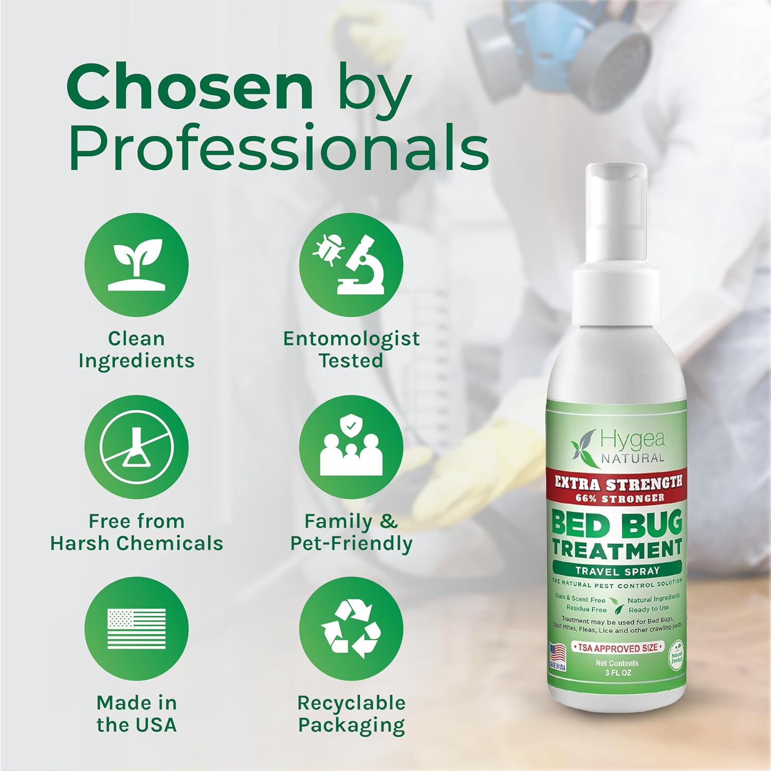 Hygea Natural Extra Strength Bed Bug Killer & Mite Travel Spray,TSA Approved Size, Child & Pet-Friendly, Stain & Odor Free, for Hotel, Suitcase, Backpack, Shoes, 66% Stronger Natural Formula(3oz)