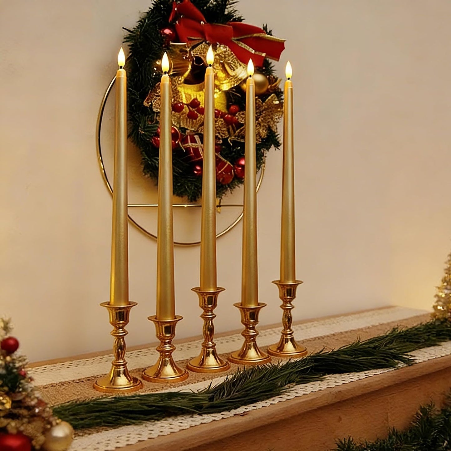 Gold Flameless Taper Candles with Remote, Flickering Battery Powered LED Candlesticks Set of 4