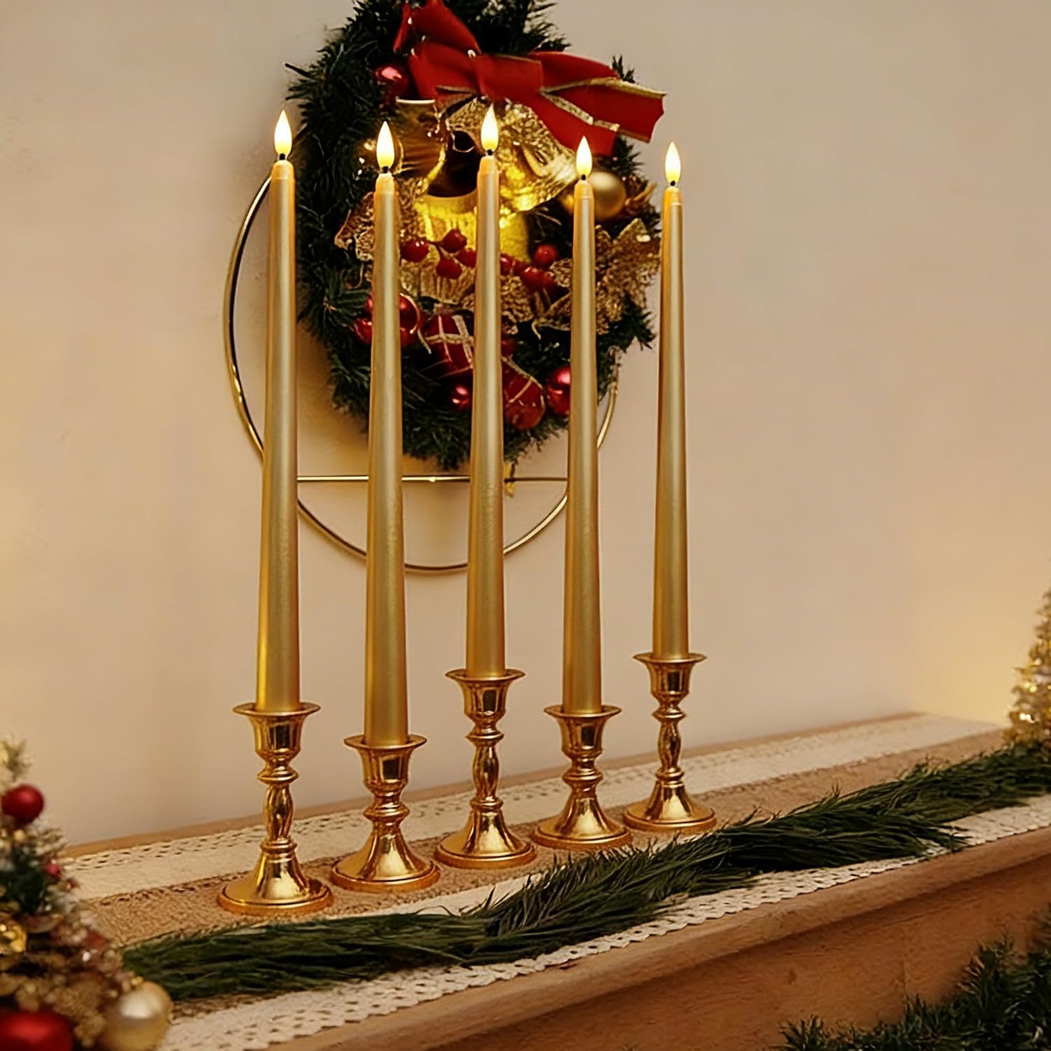 Gold Flameless Taper Candles with Remote, Flickering Battery Powered LED Candlesticks Set of 4