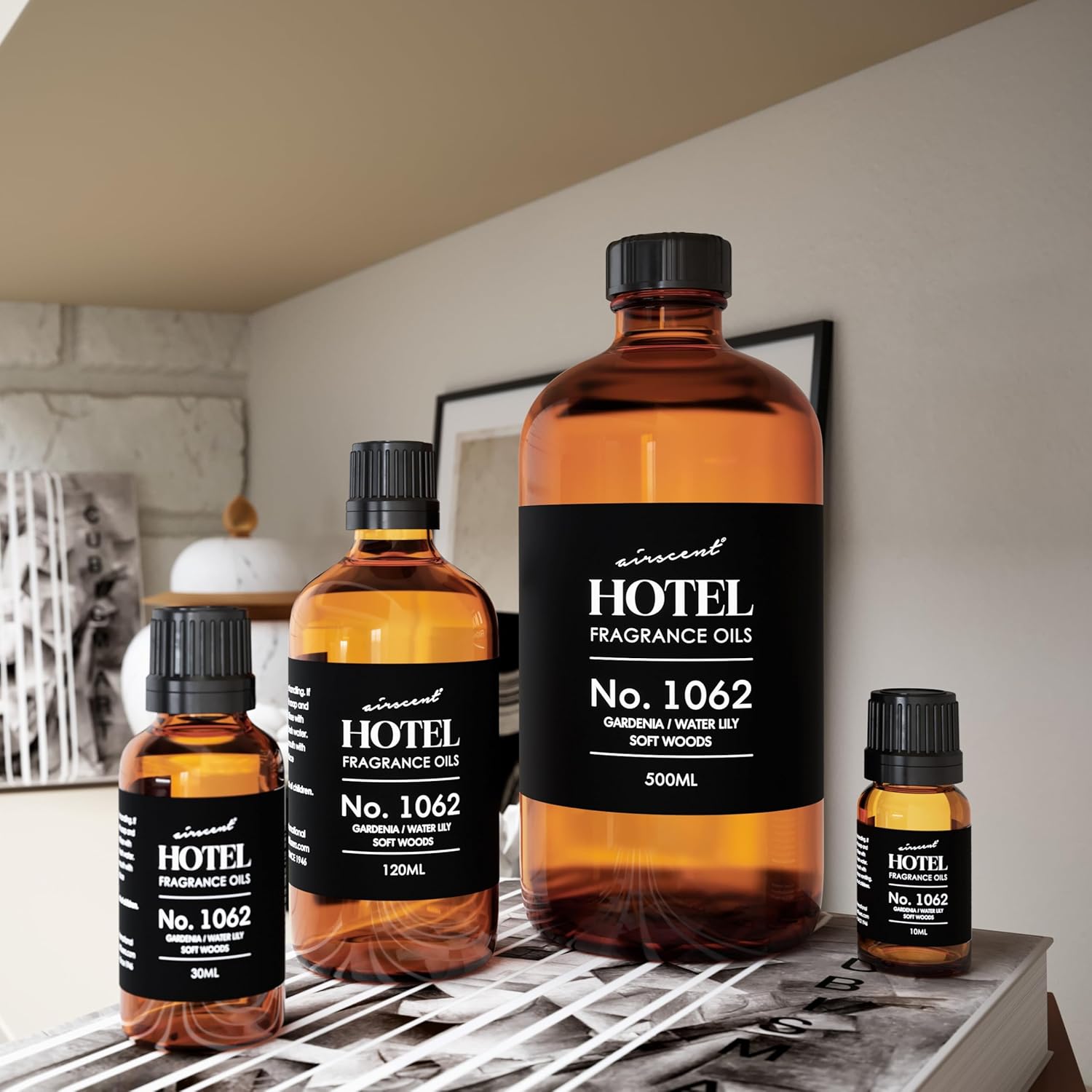 AirScent Hotel Diffuser Oil No. 1062 - Gardenia, Water Lily, Soft Woods - Premium Fragrance Oil for Ultrasonic and Waterless Diffusers and Crafting - 10 mL, 0.34 fl oz Glass Dropper Bottle
