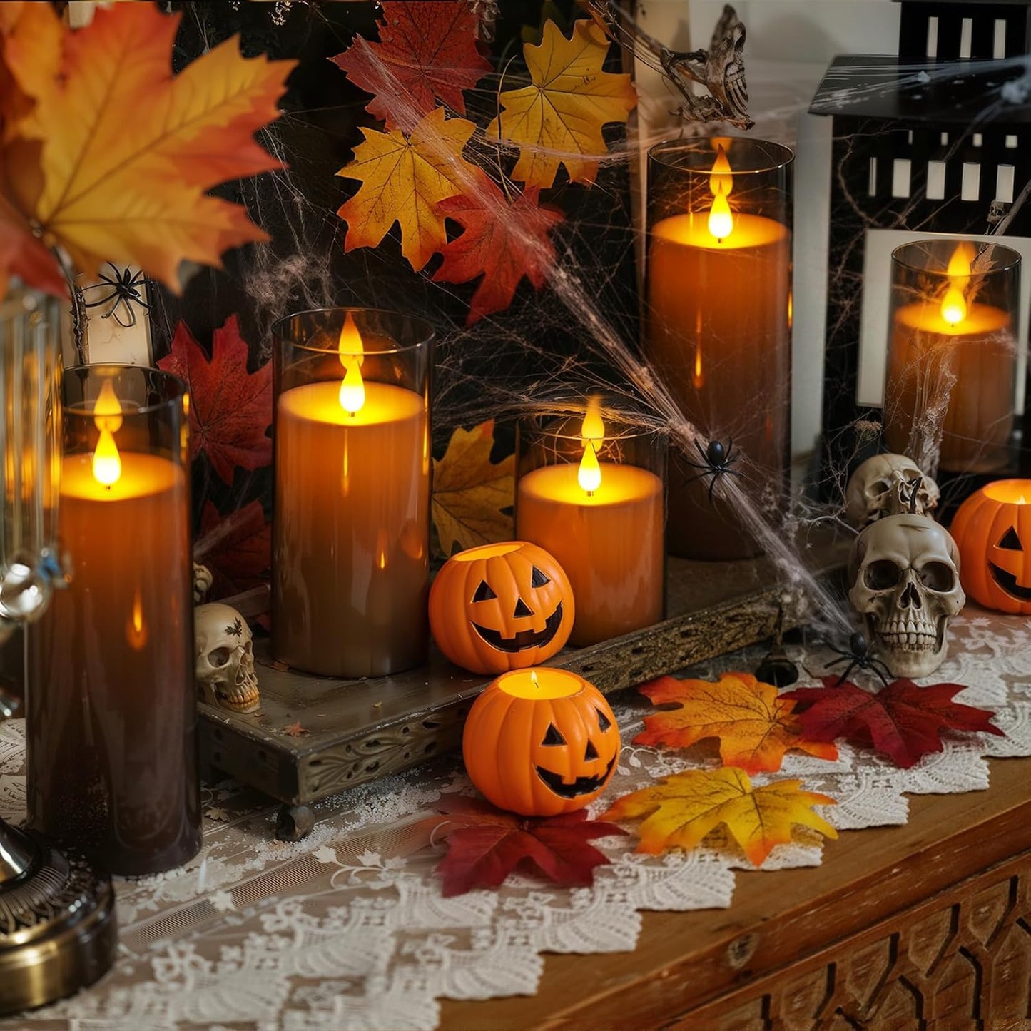 Homemory Gray Flickering Flameless Candles, Battery Operated Acrylic LED Pillar Candles with Remote Control and Timer, Halloween Decor, Set of 5