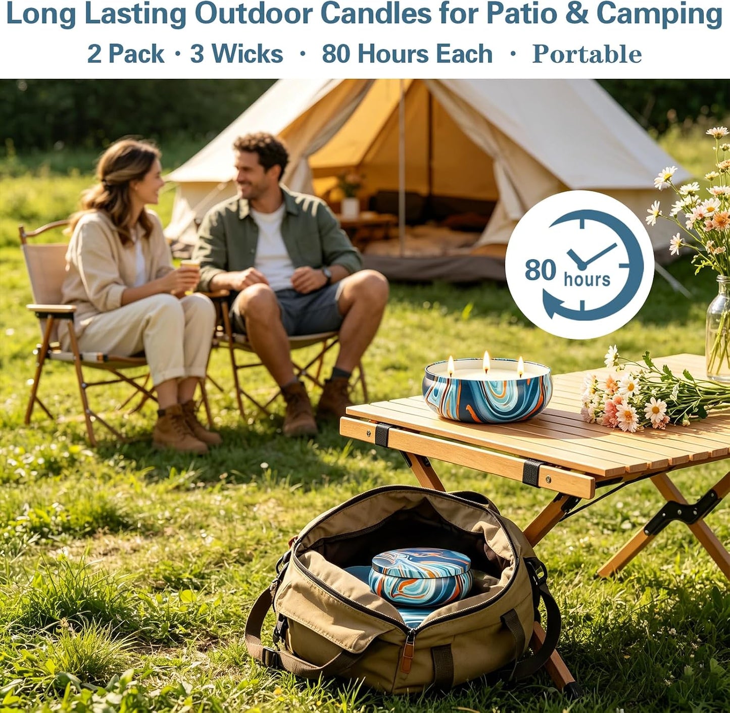 Citronella Candles Outdoor for Patio, 12oz Large 3-Wick Natural Soy Wax Candle, 2 Pack, Total 160H Long Lasting Citronella Oil Candle with Lids, Blue Marble Tin for Backyard, Deck, Camping, Indoor