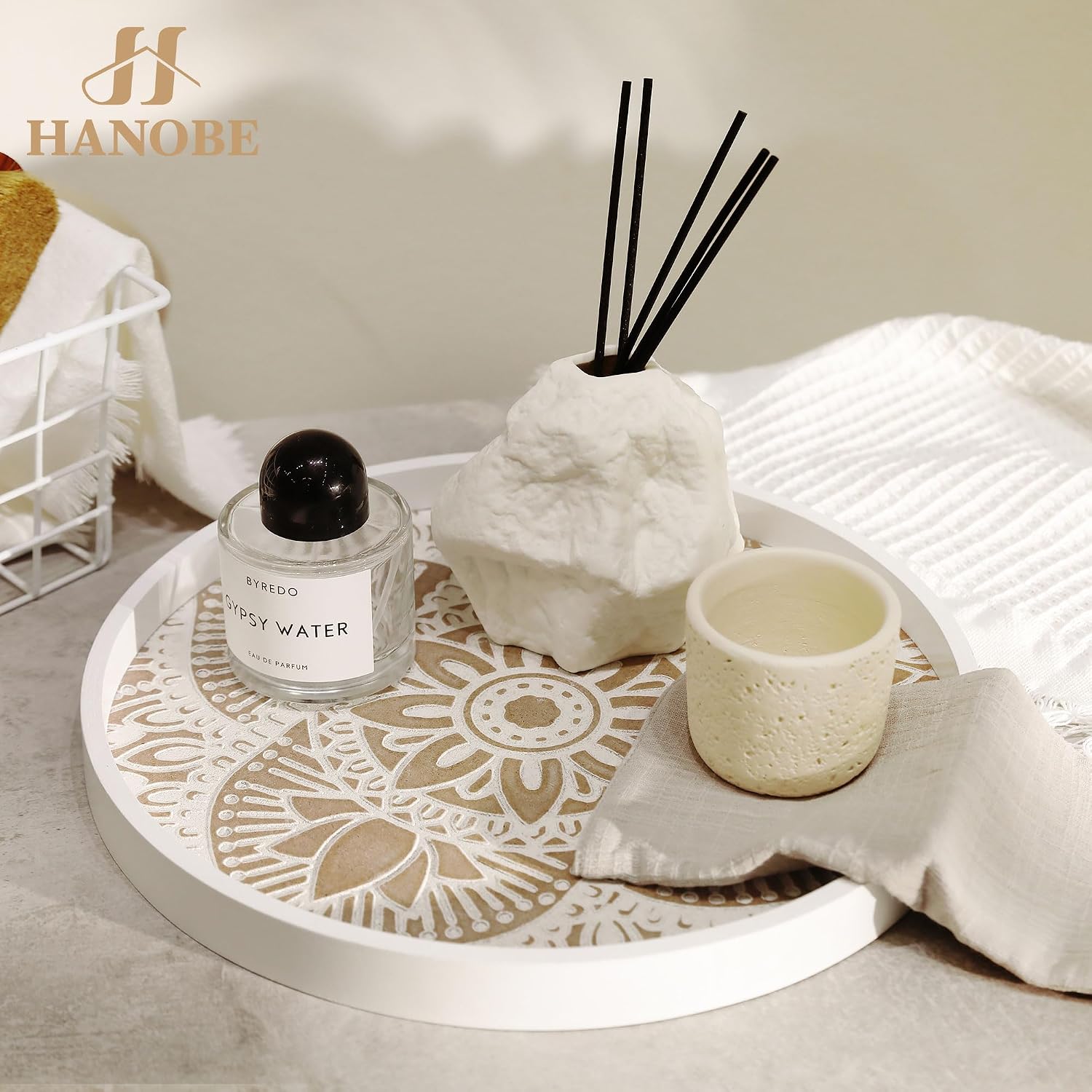 Hanobe Decorative Serving Tray Round: Farmhouse Coffee Table Decor Boho White Mandala Trays for Living Room Kitchen Bathroom Display