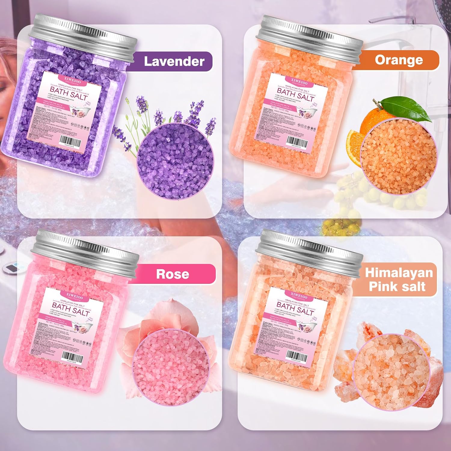 4 Pack Bath Salts Soaking Kit Himalayan Pink Salt Lavender Orange Rose Pink Scent Epsom Salt Bubble Bath Women Christmas Gift Dead Sea Salt Moisturizing Skin