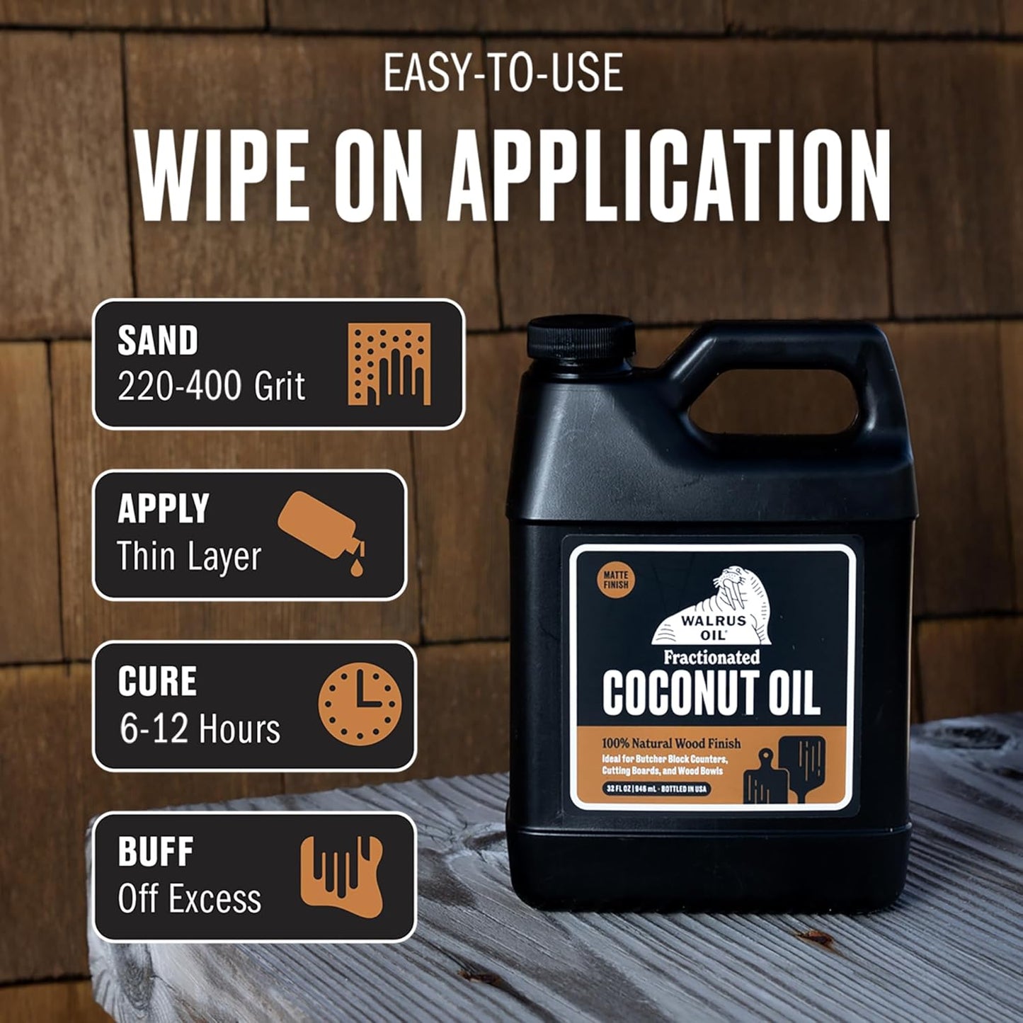 WALRUS OIL - Fractionated Coconut Oil, 100% Natural Wood Finish Conditioner and Cutting Board Oil, Food-Contact Safe, 32oz Jug