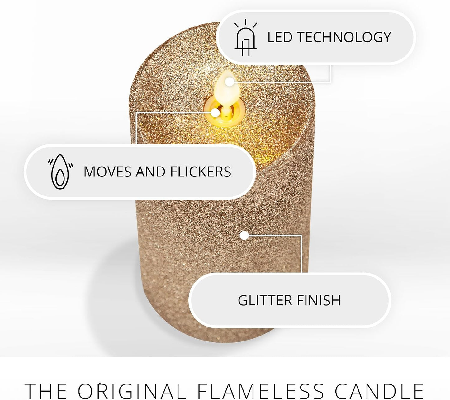 Luminara Realistic Artificial Flame Gold Glitter Pillar Candle - Moving Flame LED Battery Operated Lights - Unscented - Remote Ready - Remote Sold Separately - 3" x 6.5"