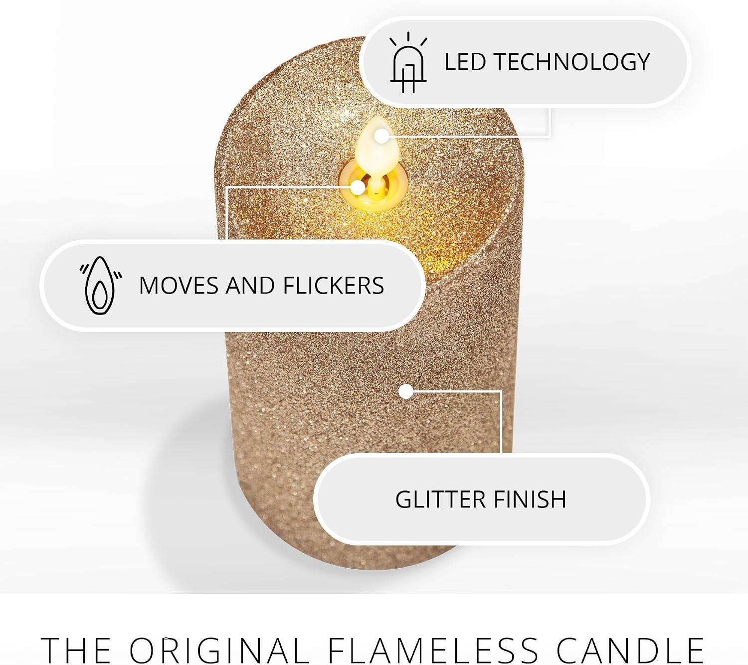 Luminara Realistic Artificial Flame Gold Glitter Pillar Candle - Moving Flame LED Battery Operated Lights - Unscented - Remote Ready - Remote Sold Separately - 3" x 6.5"