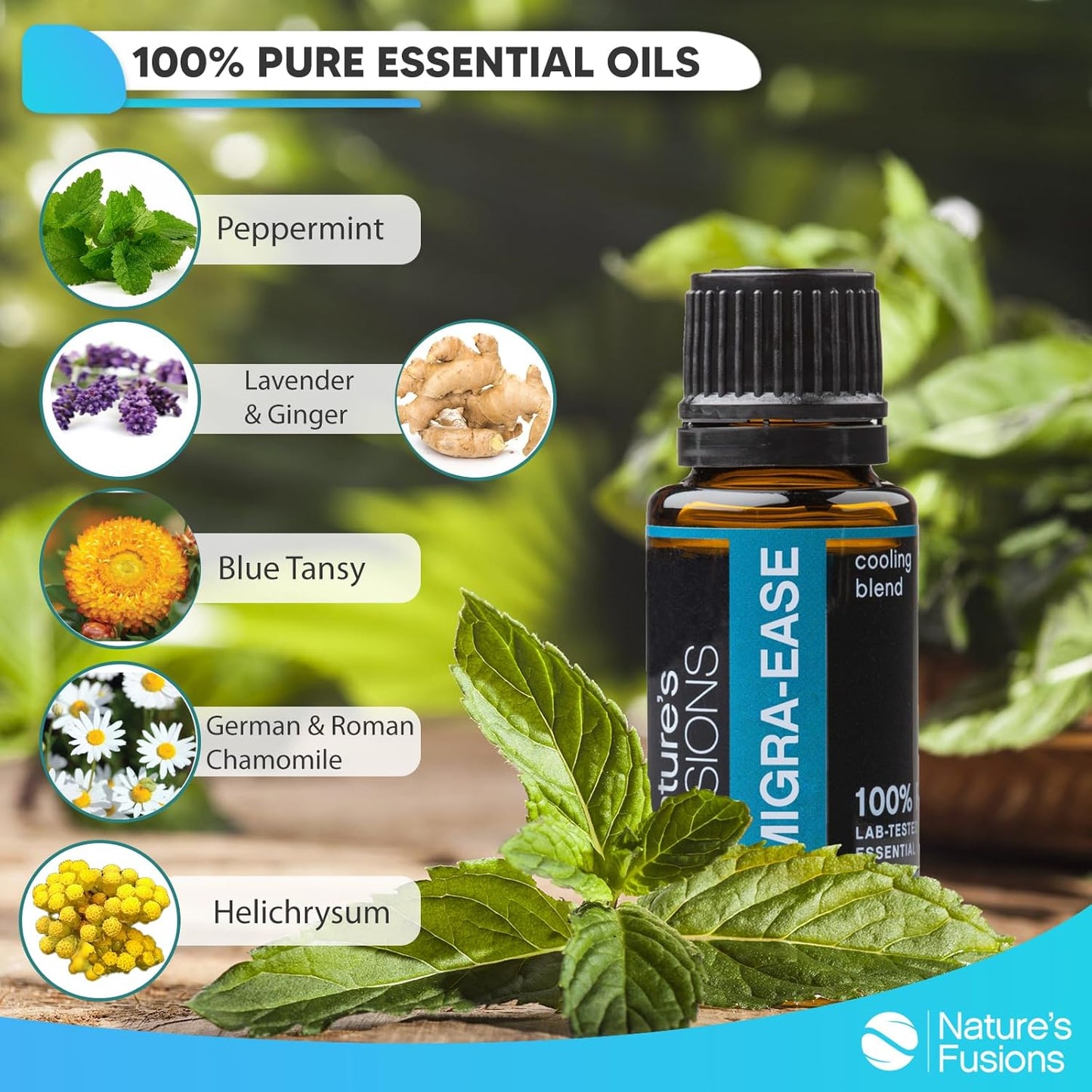 Nature’s Fusions MigraEase Pure Essential Oil Blend (15ml) - Peppermint, Lavender, Ginger, Roman & German Chamomile, Blue Tansy, and Helichrysum