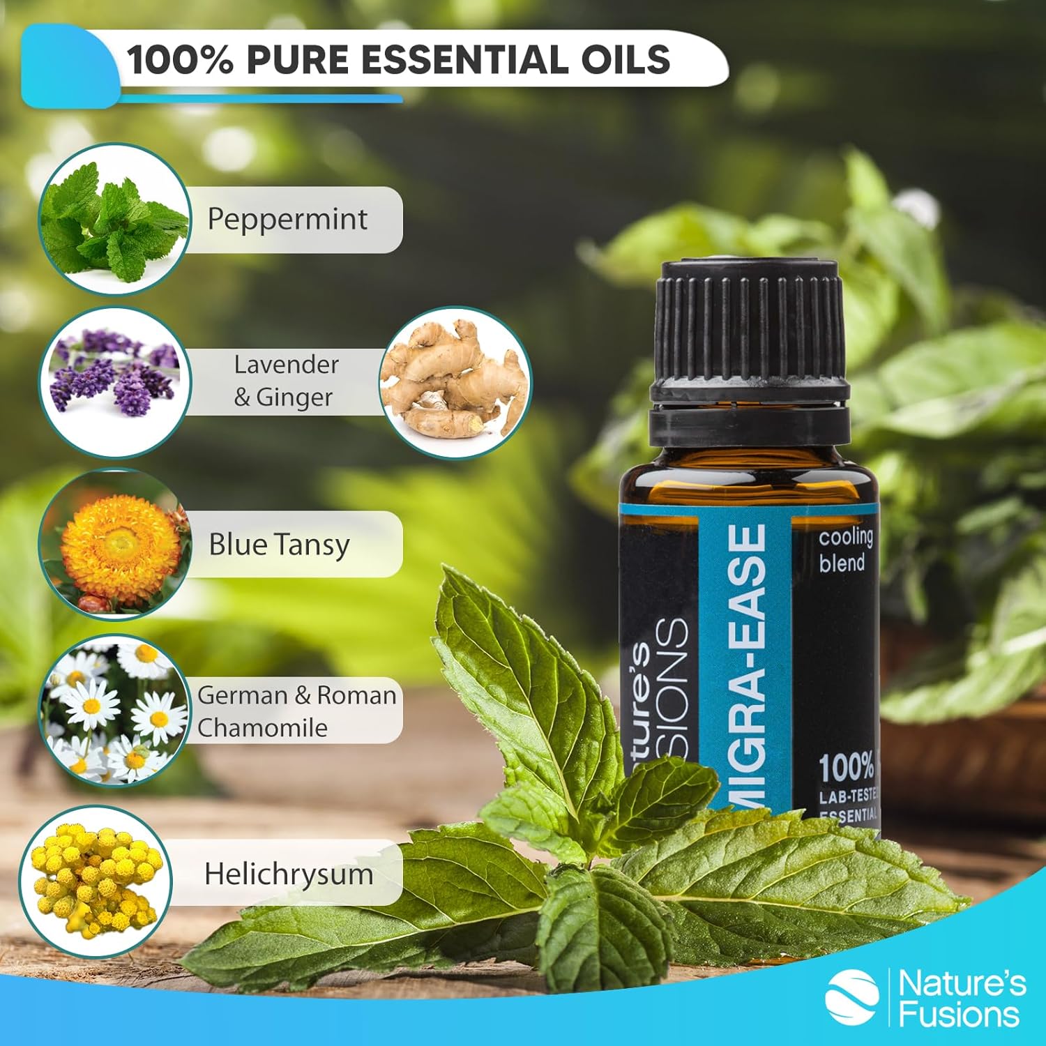 Nature’s Fusions MigraEase Pure Essential Oil Blend (15ml) - Peppermint, Lavender, Ginger, Roman & German Chamomile, Blue Tansy, and Helichrysum