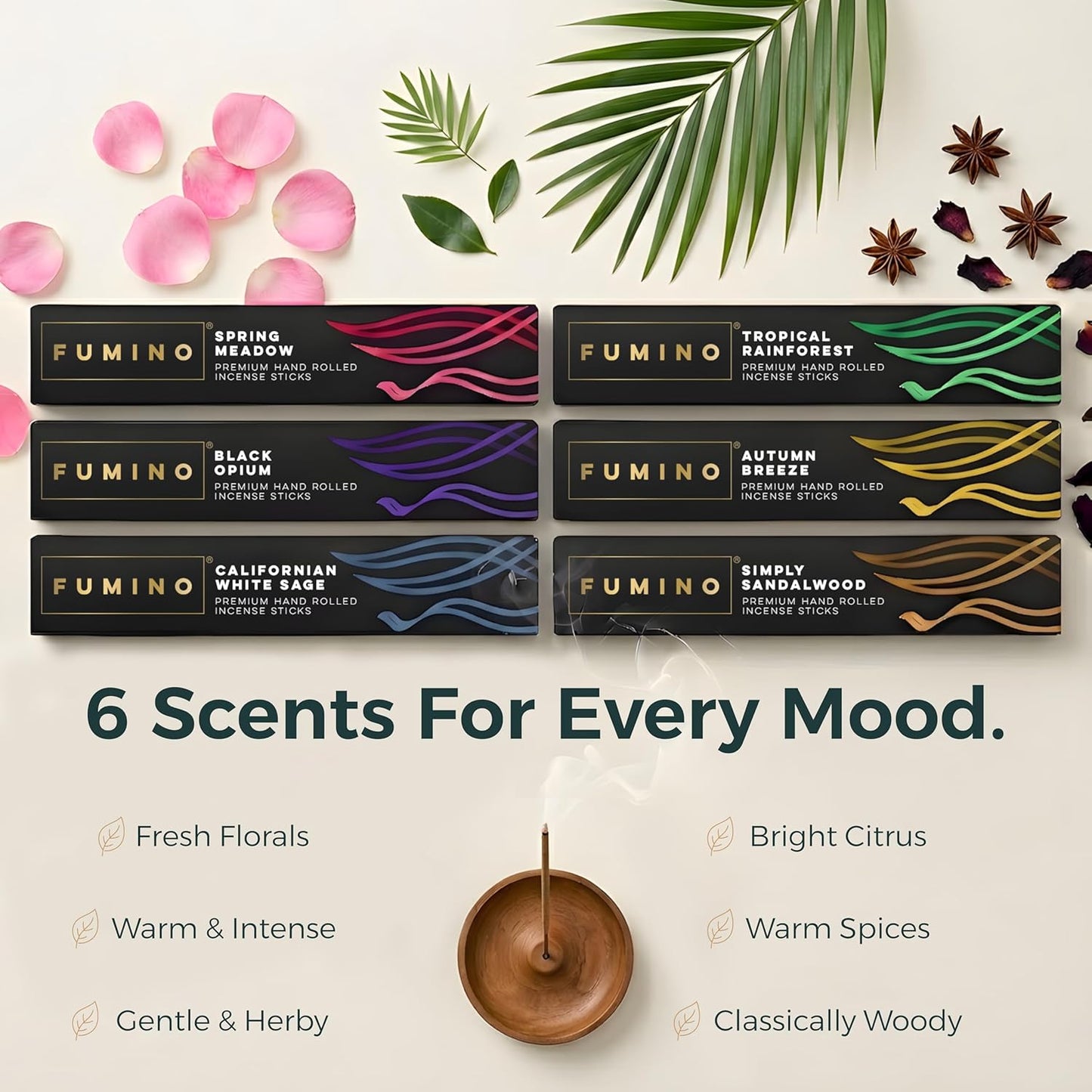 Fumino Incense Sticks 84 Pack 6 Fragrances - Handmade Masala Agarbatti Joss Sticks, Natural Low-Smoke Incense for Relaxation, Meditation & Home Fragrance, Woody Citrus Floral & Herbal Scents Gift Set