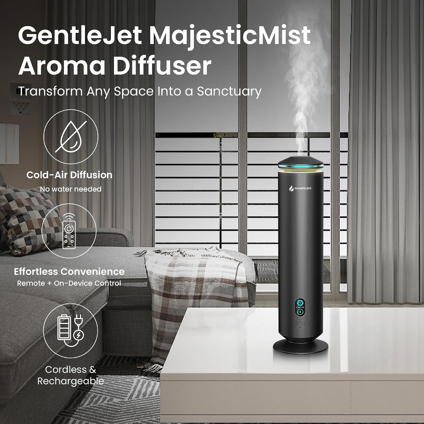 GentleJet MajesticMist Waterless Essential Oil Diffuser for Large Room (1000 sq ft), Cold Air Nebulizing Scent Machine, Rechargeable, Wireless Charging Base, Quiet Aluminum, Remote Control