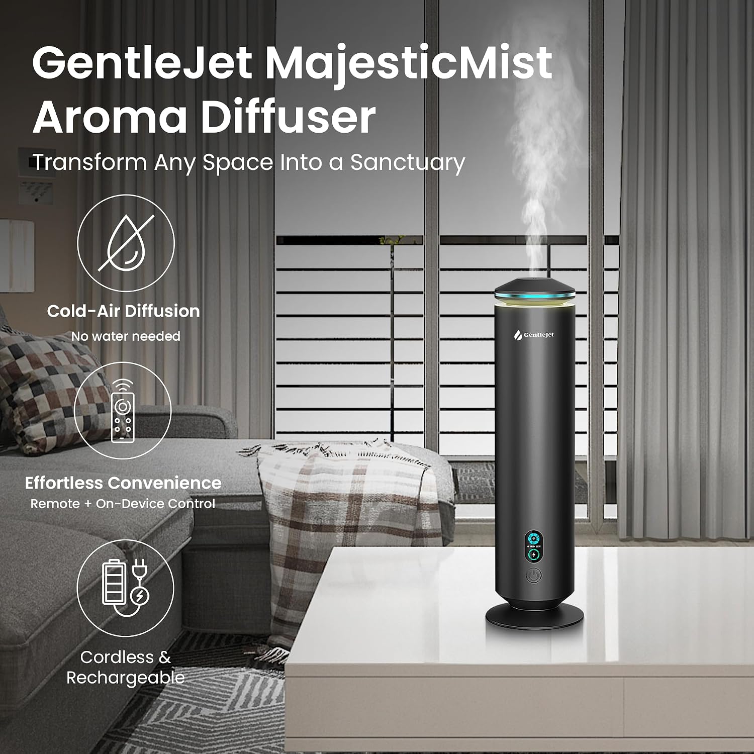 GentleJet MajesticMist Waterless Essential Oil Diffuser for Large Room (1000 sq ft), Cold Air Nebulizing Scent Machine, Rechargeable, Wireless Charging Base, Quiet Aluminum, Remote Control
