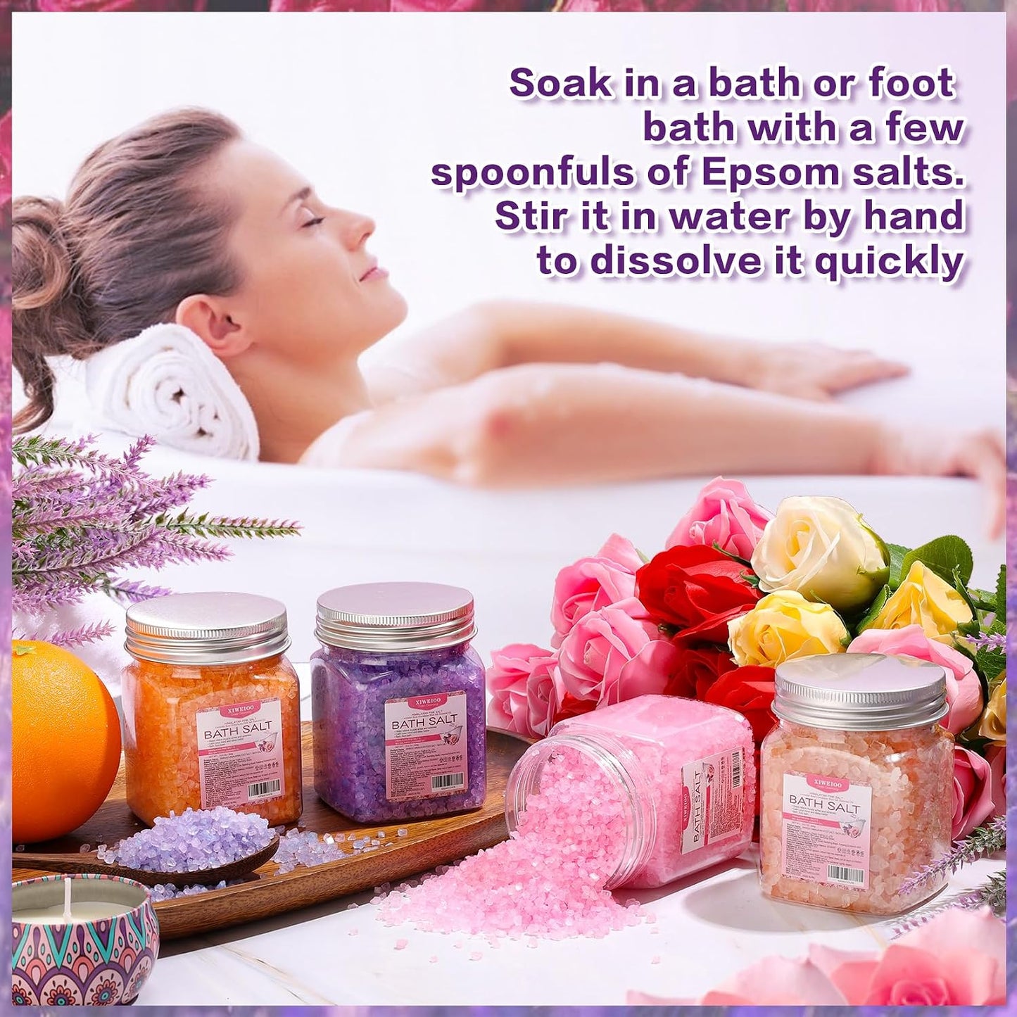 4 Pack Bath Salts Soaking Kit Himalayan Pink Salt Lavender Orange Rose Pink Scent Epsom Salt Bubble Bath Women Christmas Gift Dead Sea Salt Moisturizing Skin