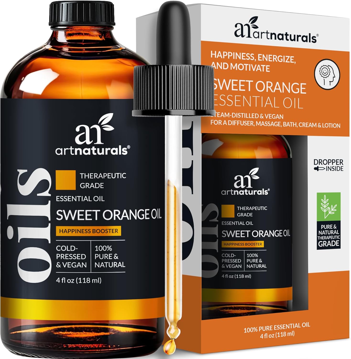 artnaturals Sweet Orange Essential Oil (4.0 Fl Oz / 118ml)- 100% Pure Undiluted Citrus Oil - Glass Bottle w/Dropper