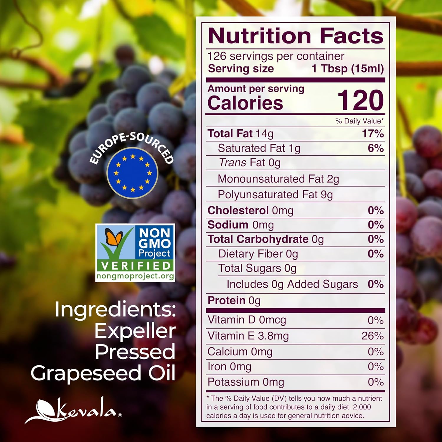 Kevala Grapeseed Oil - Nutritious Oil Great for Cooking and Beauty, Made with Carefully Selected Grapes, Perfect Base with Natural Flavor for an Organic Salad Dressing, Vitamin E Source, 64 fl oz