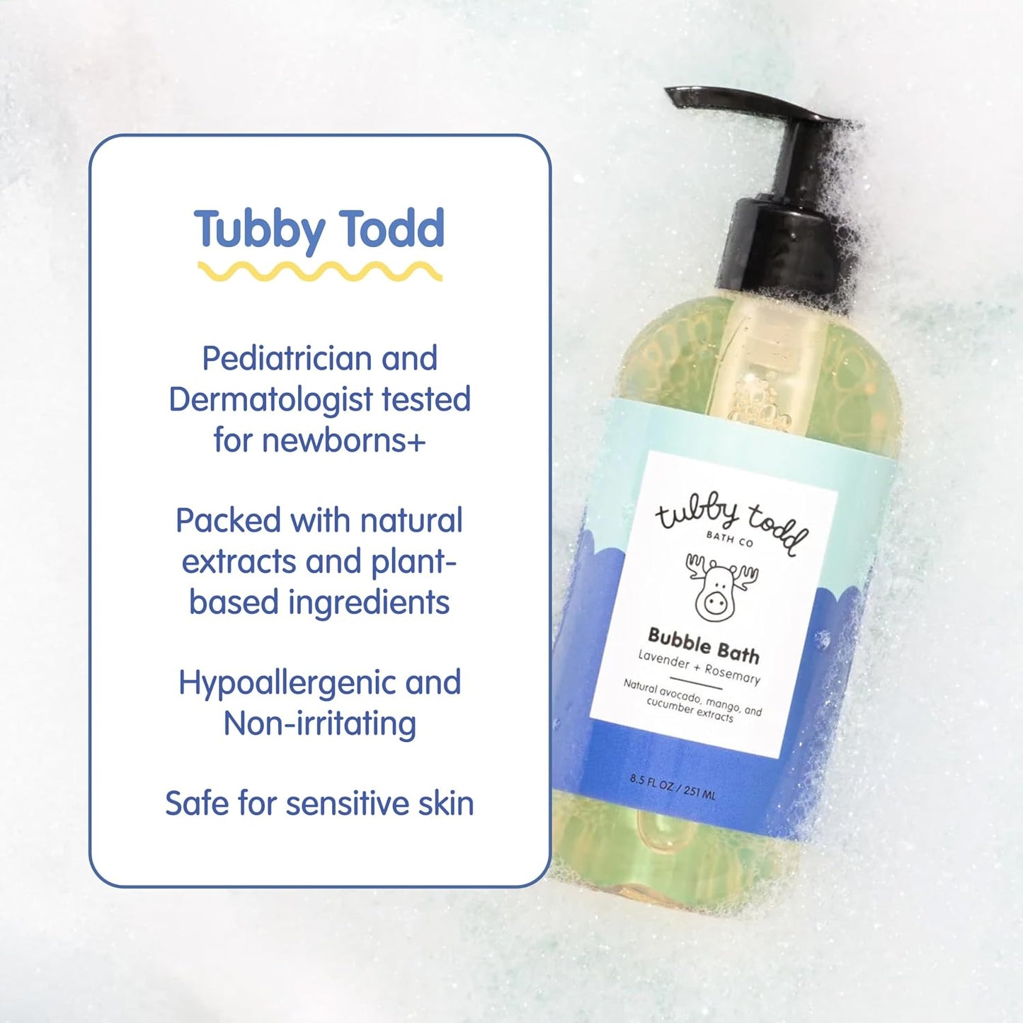 TUBBY TODD Bubble Bath for Kids, Toddlers & Babies - Hypoallergenic, Non-Irritating Sensitive Skin Bubble Bath - 2 Pack, 25 fl oz & 8 fl oz - Lavender Rosemary