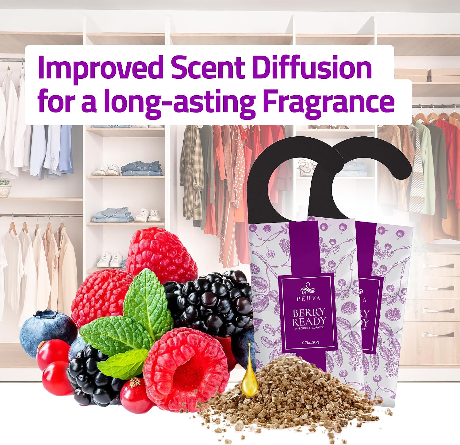 Closet Deodorizer for Women (12-Pack) | Berry Closet Freshener | Small Space Air Freshener For Wardrobe, Closets, Drawers, Small Spaces | Long-Lasting Drawer Sachets | Scented Air Freshener | By Perfa