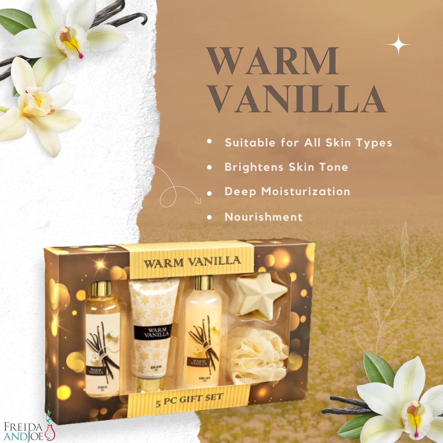 Fragrance Bath & Body Collection Gift Box, Includes Shower Gel, Body Lotion, Body Scrub, Bath Bomb & Sponge (Warm Vanilla 2.0) – Mother's Day Gift for Mom