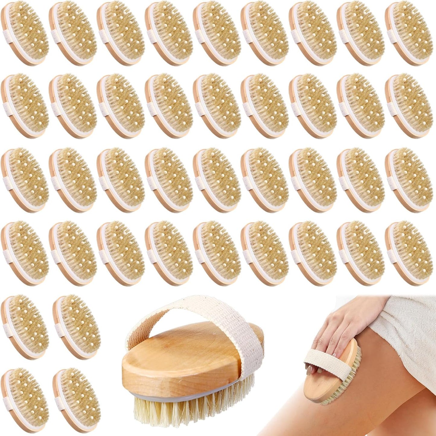 Gejoy 40 Pcs Dry Brushing Body Brush for Lymphatic Drainage Exfoliating Brush with Massage Nodule Dry Skin Body Scrubber Cellulite Shower Circulation Dead Exfoliator (Massage Version,Wood Color)