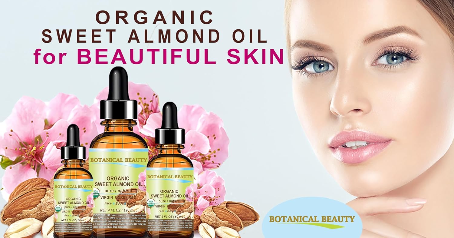Botanical Beauty‎ Organic SWEET ALMOND OIL 100% Pure Natural Virgin Unrefined Undiluted Cold Pressed Carrier Oil for Face, Skin, Body, Hair, Massage, Nails. 2 Fl. oz - 60 ml