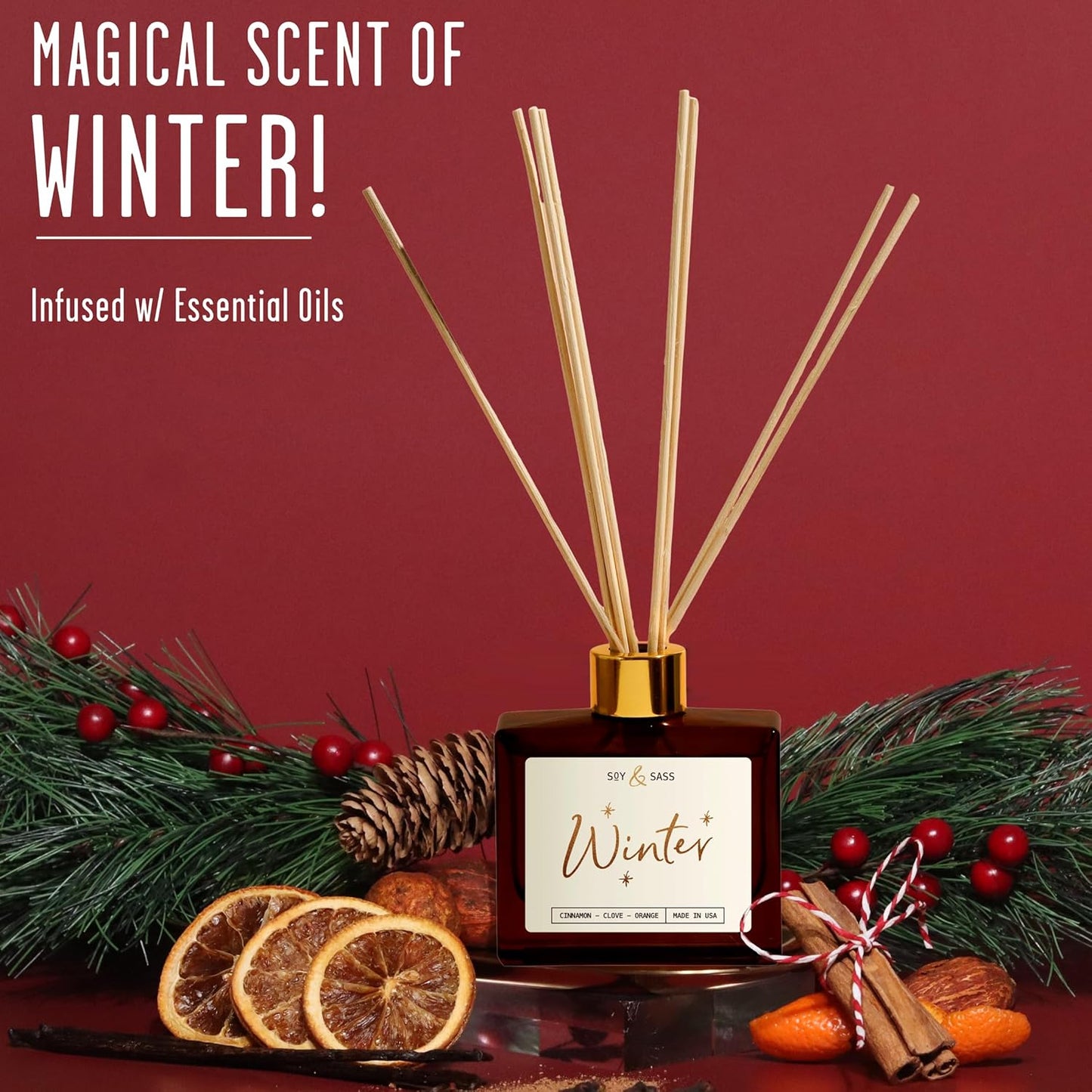 Winter Diffuser, Christmas Diffuser - w/Cinnamon, Clove & Orange I Infused w/Essential Oils I3.75 OZ Oil I Christmas Décor I Long-Lasting Scent Lasts 4-6 Month's I Made in The USA